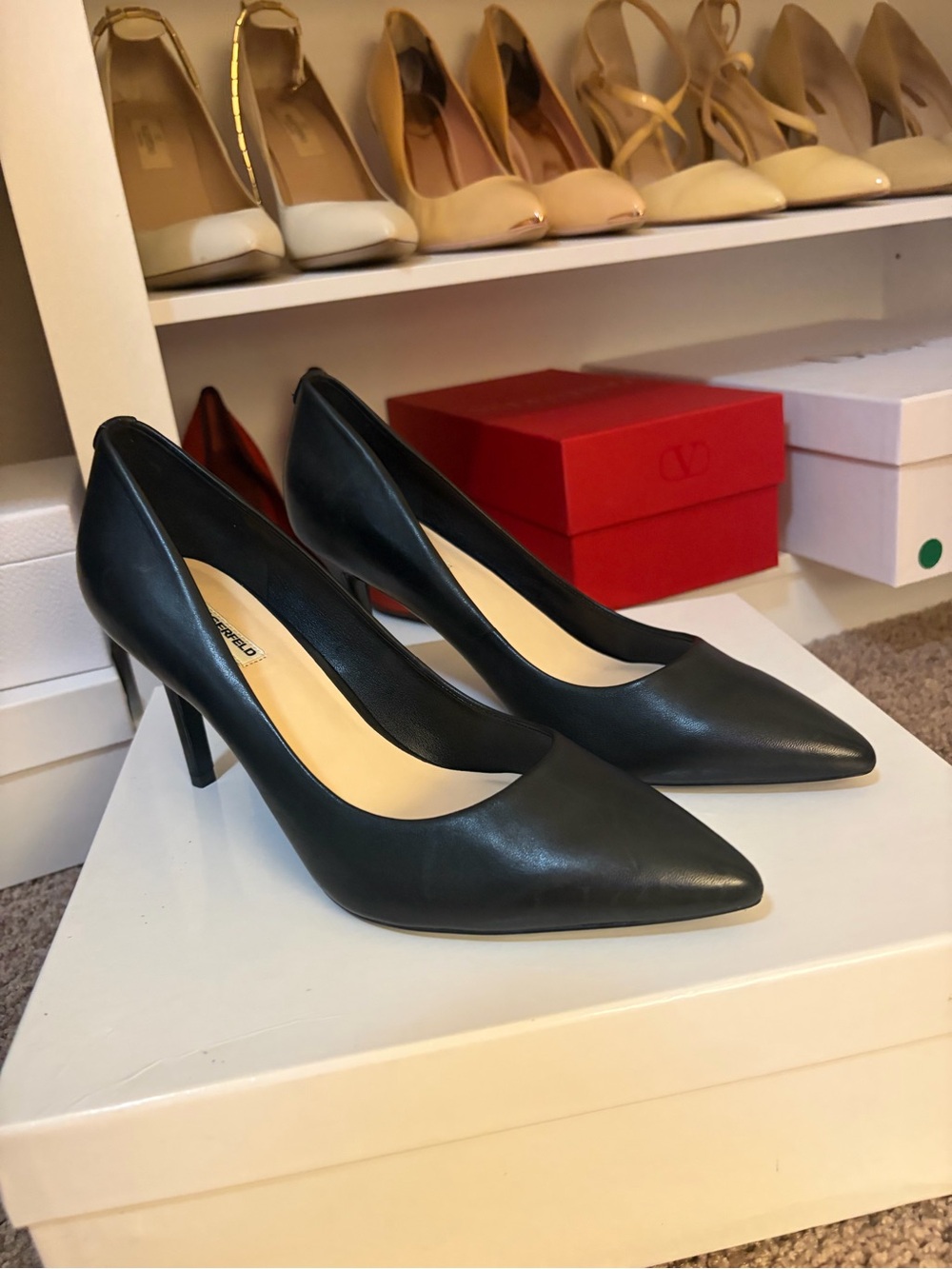 Karl Lagerfeld Paris Black Pointed Toe Leather Pumps Heels